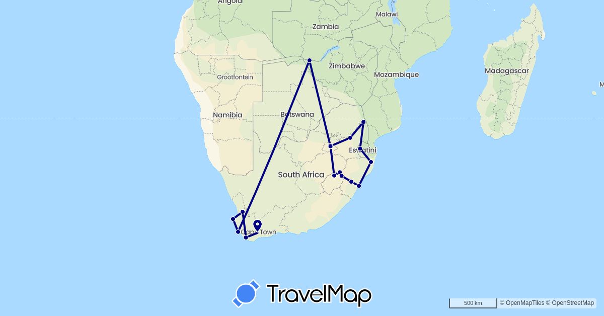 TravelMap itinerary: driving in Lesotho, Swaziland, South Africa, Zambia (Africa)